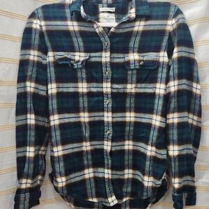 American Eagle Outfitters Plaid Button Down Shirt - Green and White